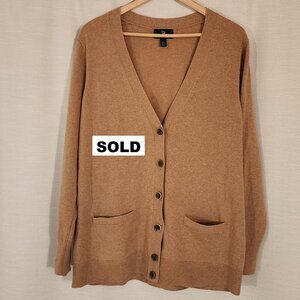 Lands' End 100% Cashmere Cardigan with Pockets Size Large Camel Brown Minimalist